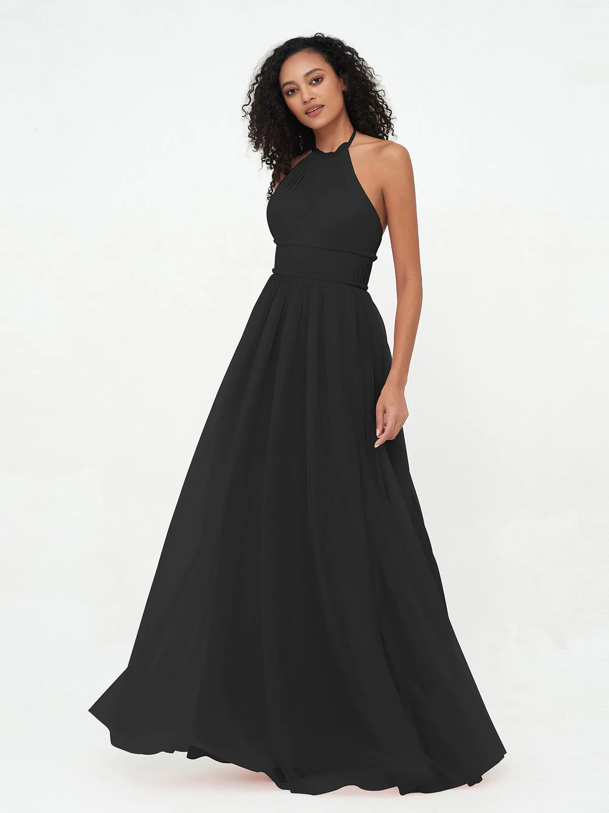 Illusion Halter Tulle Maxi Boho Dresses-Black