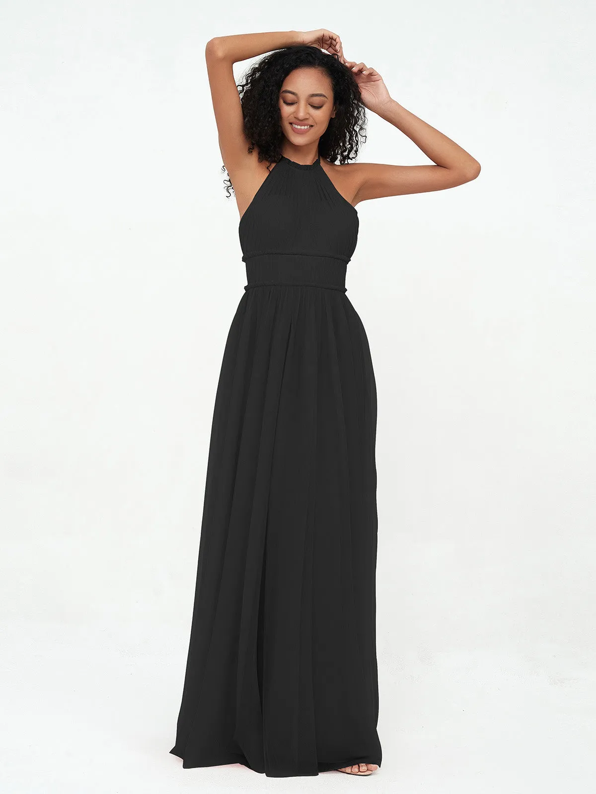 Illusion Halter Tulle Maxi Boho Dresses-Black