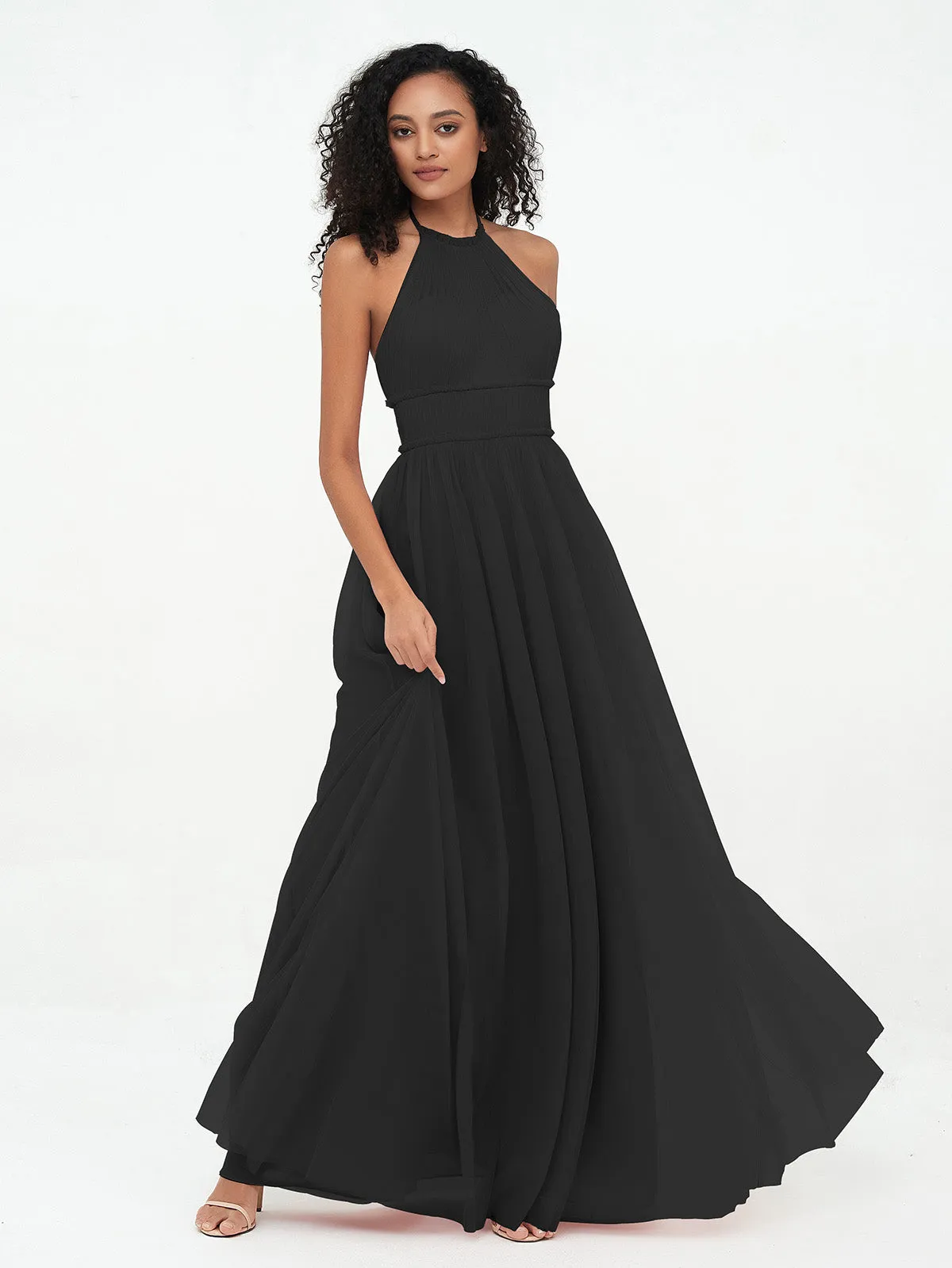 Illusion Halter Tulle Maxi Boho Dresses-Black