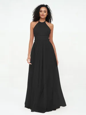 Illusion Halter Tulle Maxi Boho Dresses-Black