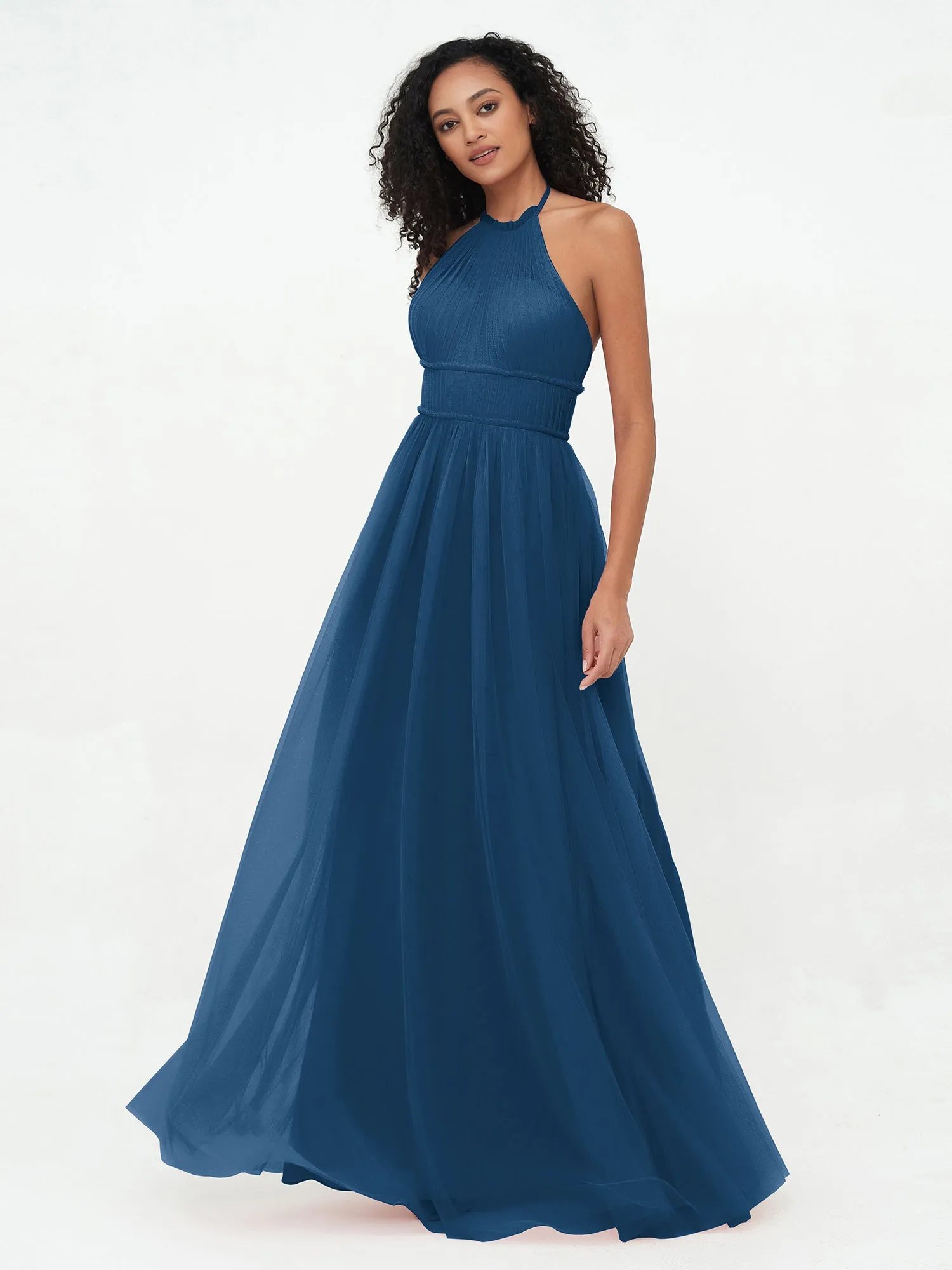 Illusion Halter Tulle Maxi Boho Dresses-Ink Blue Plus Size