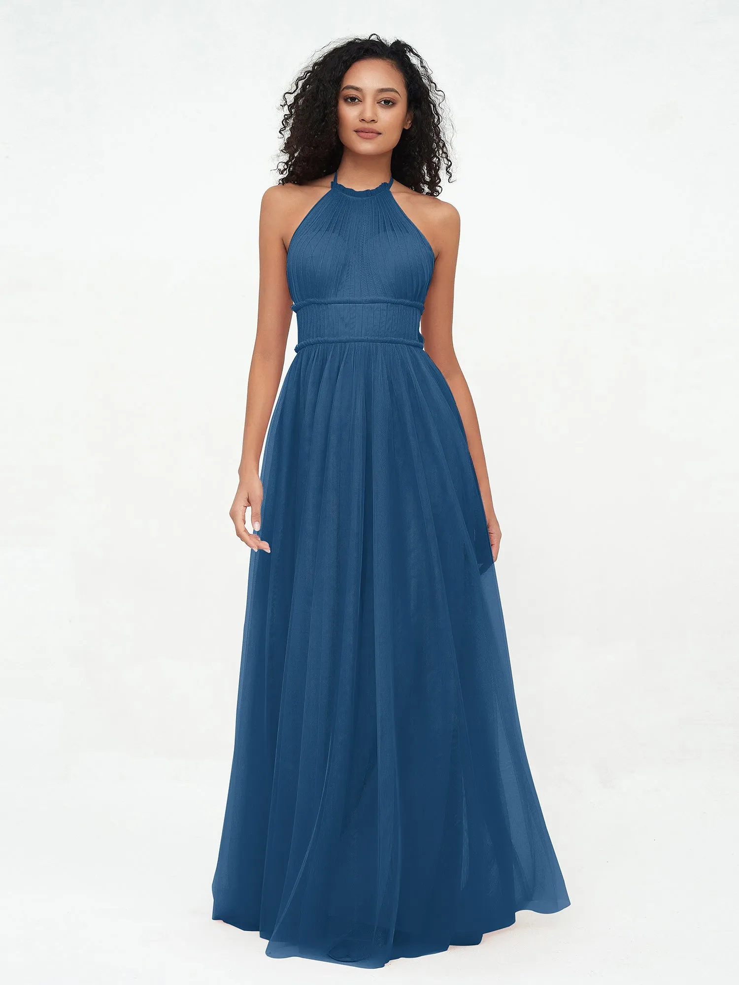 Illusion Halter Tulle Maxi Boho Dresses-Ink Blue Plus Size