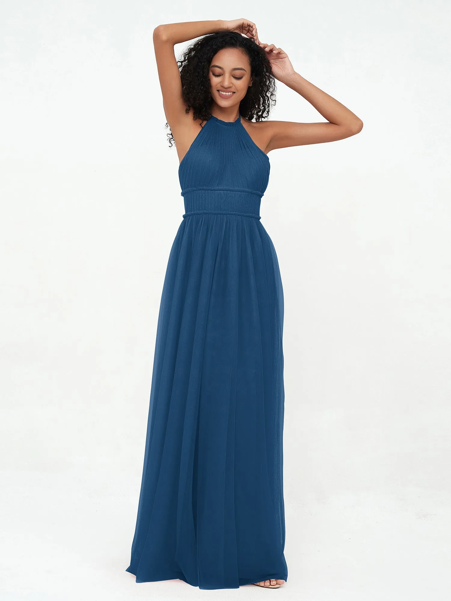 Illusion Halter Tulle Maxi Boho Dresses-Ink Blue Plus Size