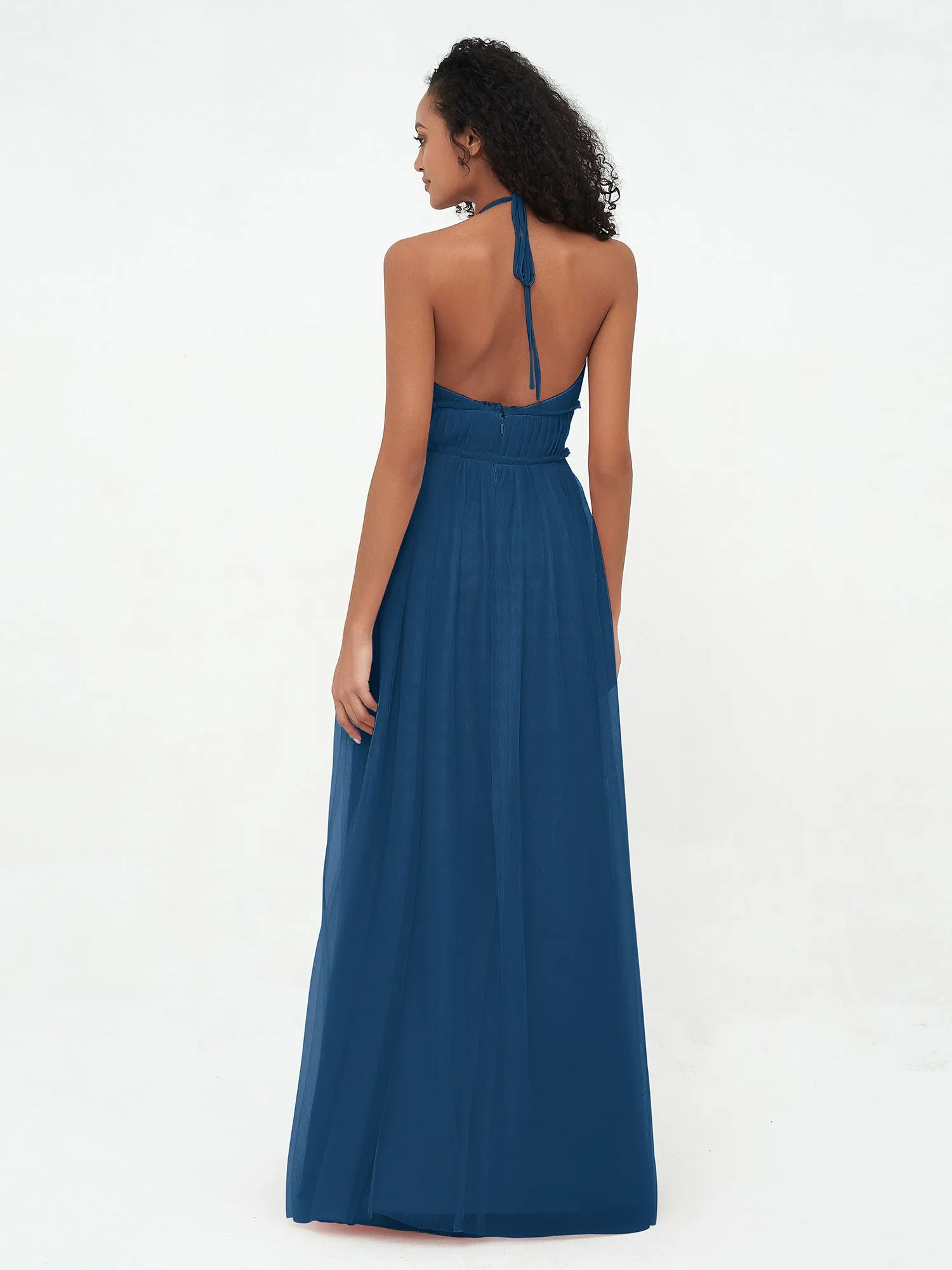 Illusion Halter Tulle Maxi Boho Dresses-Ink Blue Plus Size