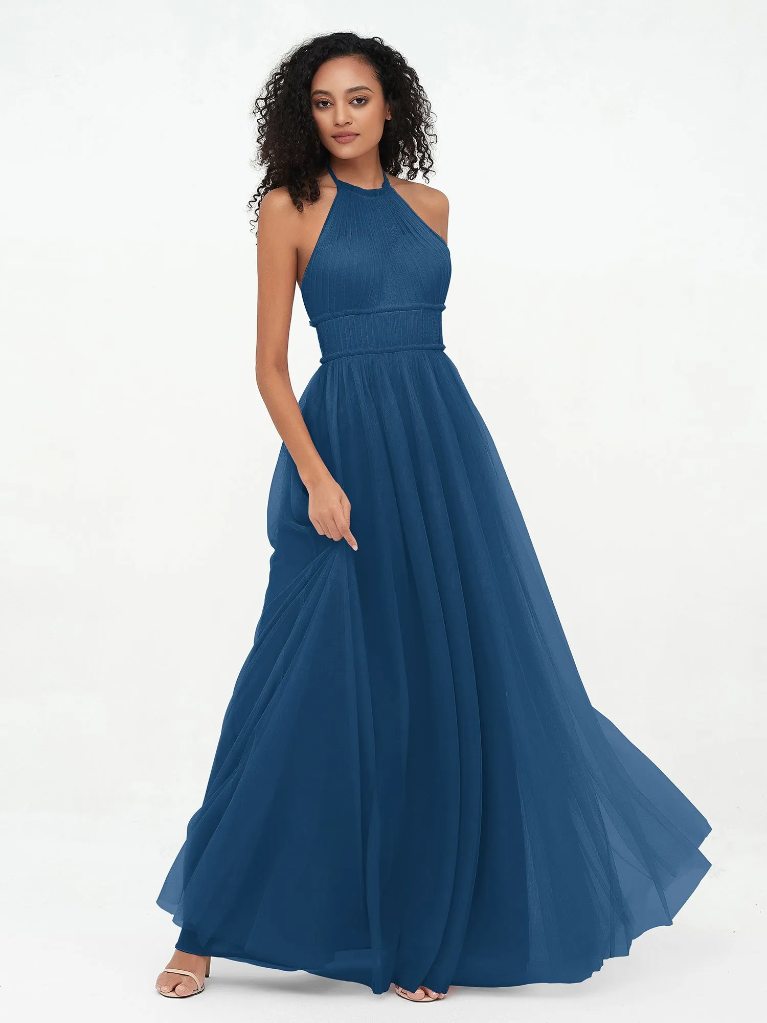 Illusion Halter Tulle Maxi Boho Dresses-Ink Blue Plus Size