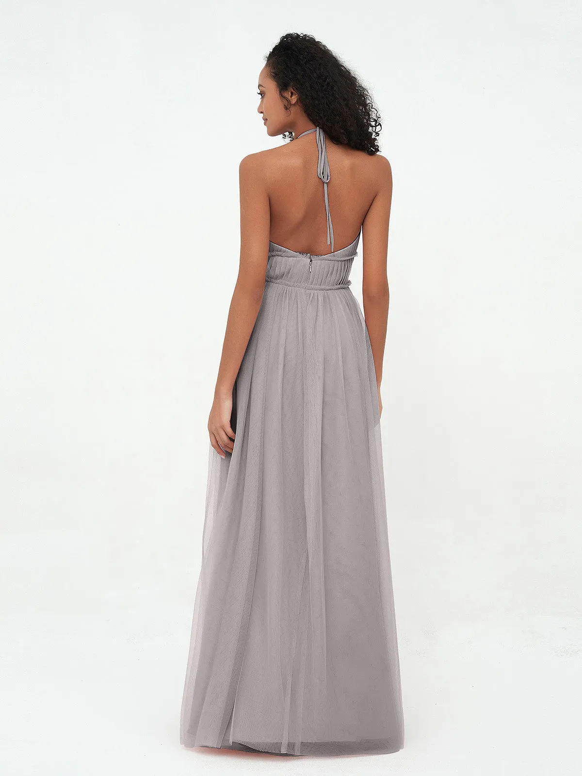 Illusion Halter Tulle Maxi Boho Dresses-Silver