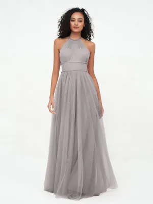 Illusion Halter Tulle Maxi Boho Dresses-Silver