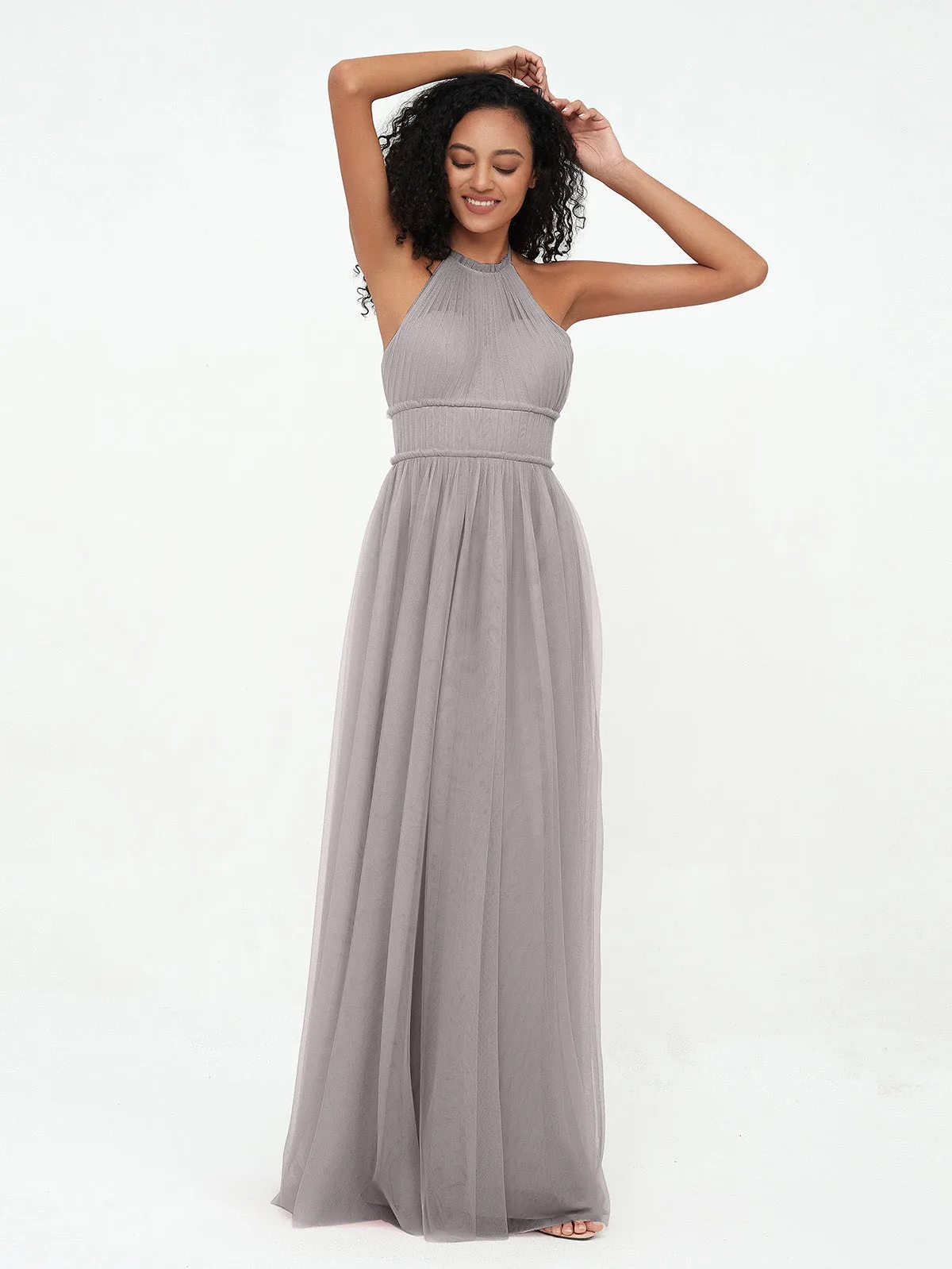 Illusion Halter Tulle Maxi Boho Dresses-Silver