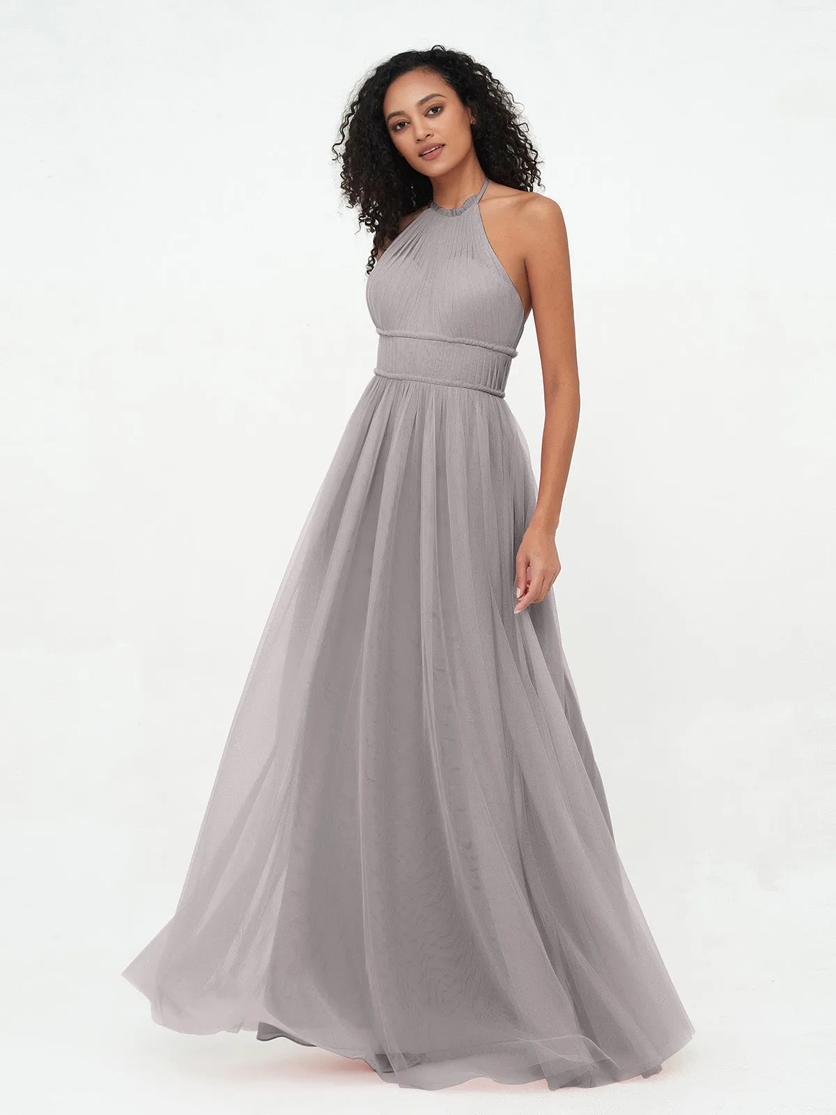 Illusion Halter Tulle Maxi Boho Dresses-Silver