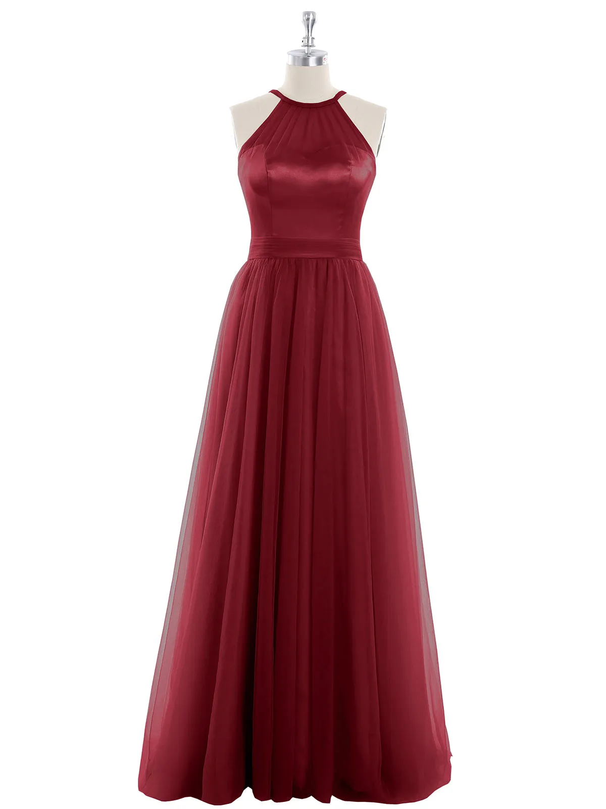 Illusion Neckline Long Tulle Dress-Burgundy Plus Size