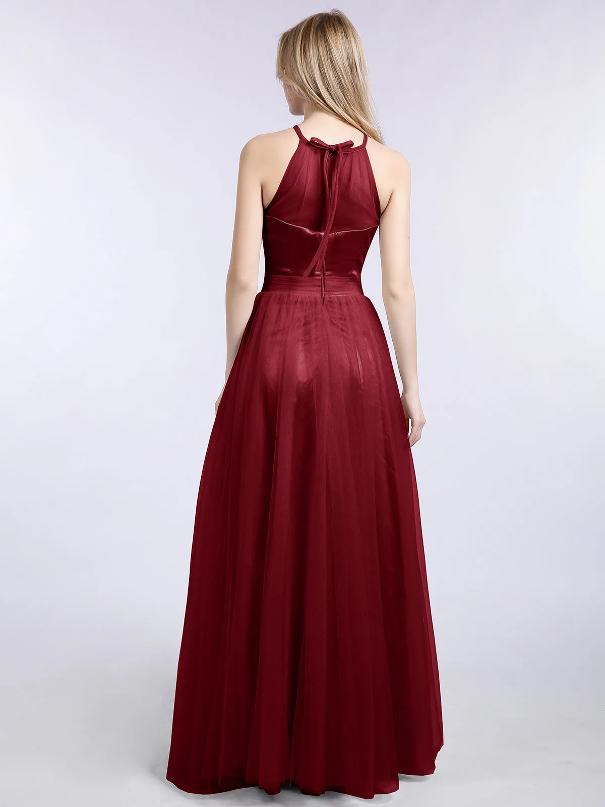 Illusion Neckline Long Tulle Dress-Burgundy Plus Size