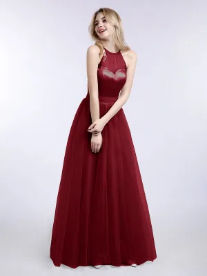 Illusion Neckline Long Tulle Dress-Burgundy Plus Size