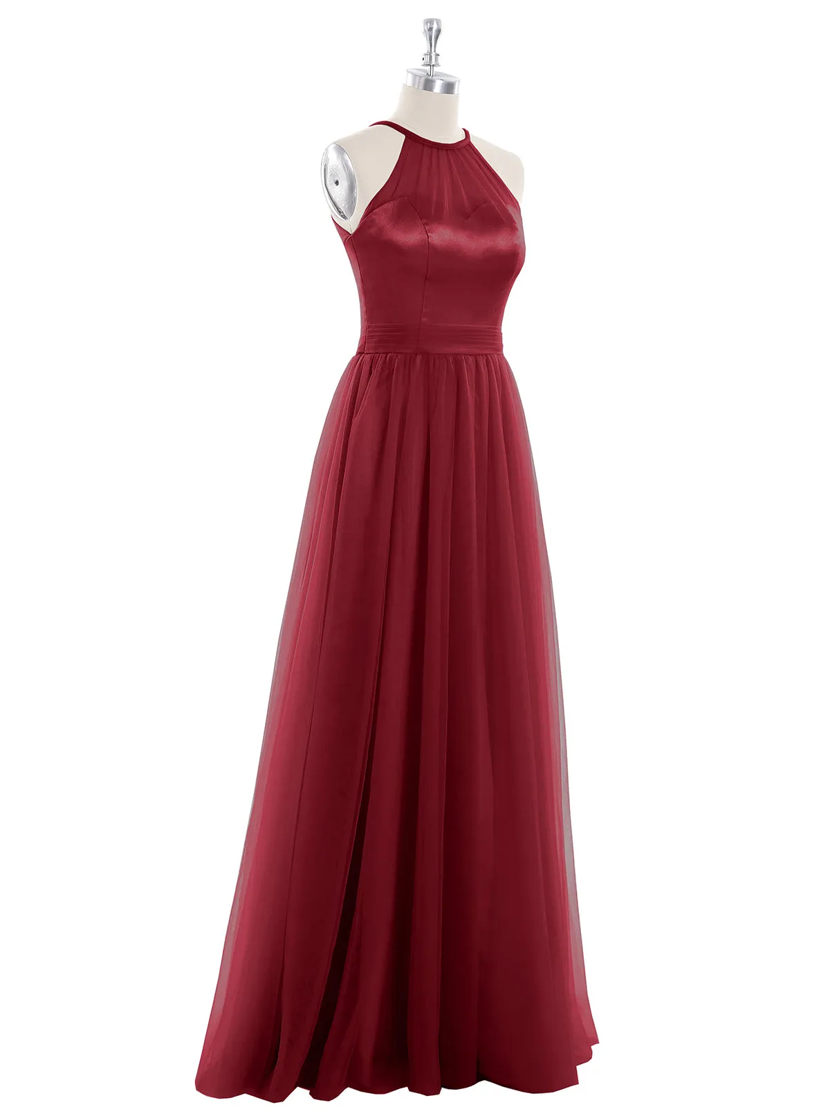 Illusion Neckline Long Tulle Dress-Burgundy Plus Size