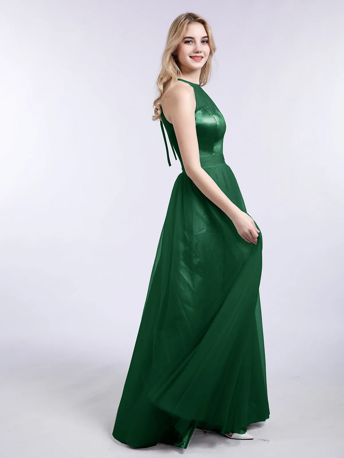 Illusion Neckline Long Tulle Dress-Dark Green Plus Size