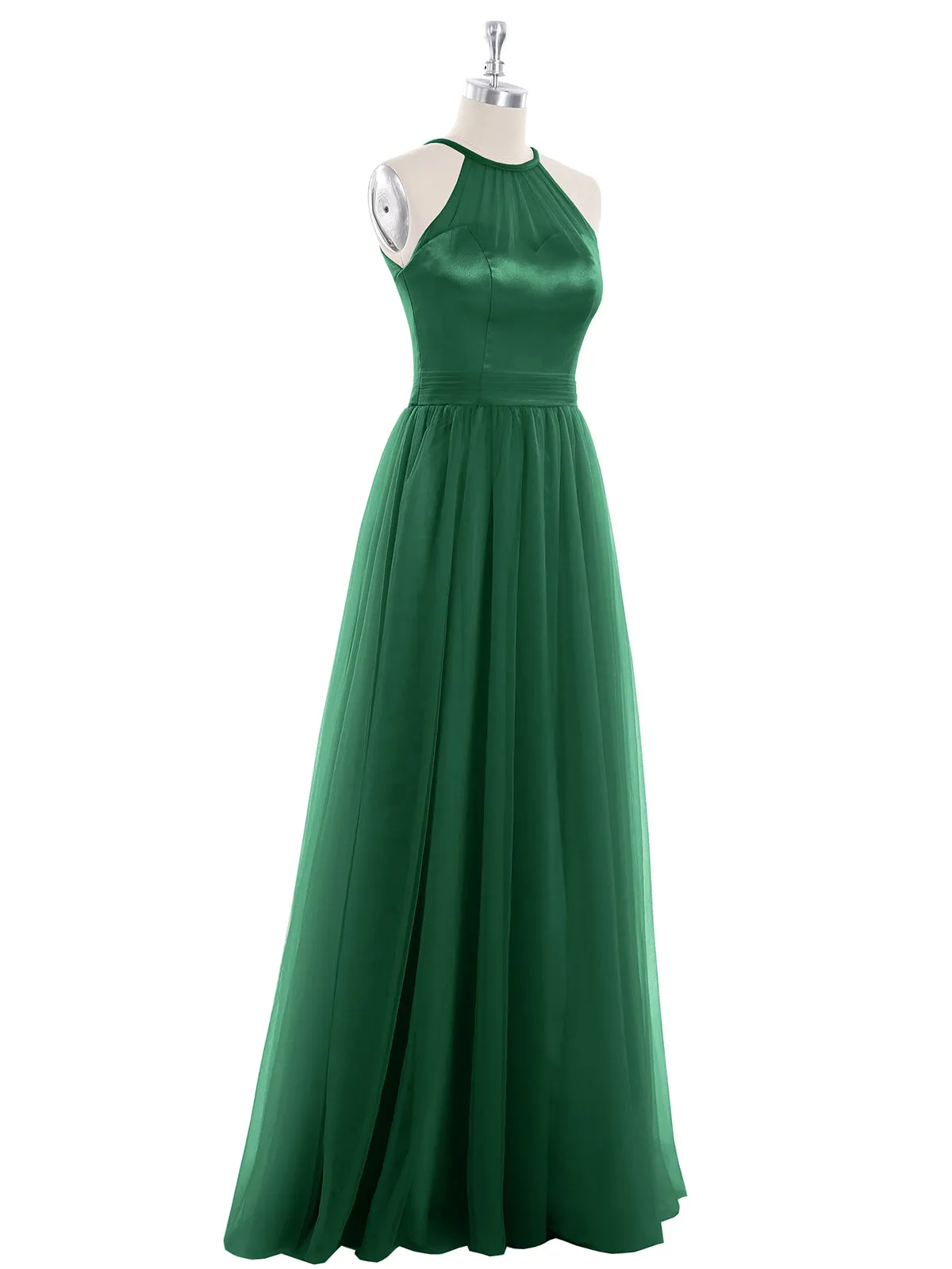 Illusion Neckline Long Tulle Dress-Dark Green Plus Size