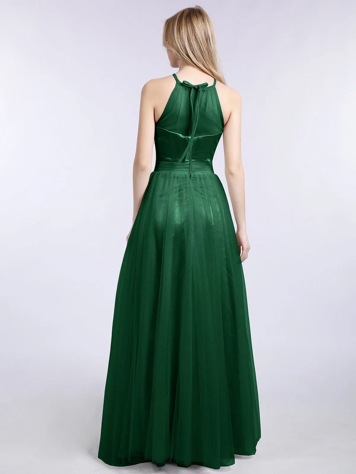 Illusion Neckline Long Tulle Dress-Dark Green Plus Size