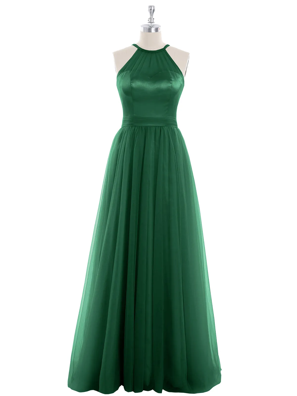 Illusion Neckline Long Tulle Dress-Dark Green Plus Size