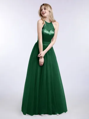 Illusion Neckline Long Tulle Dress-Dark Green Plus Size