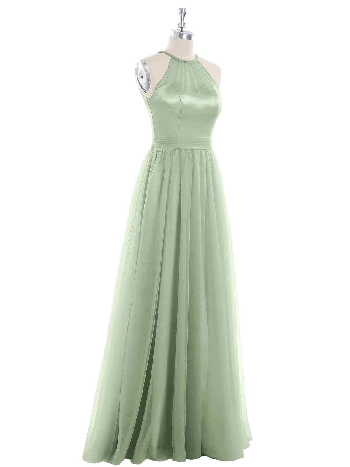 Illusion Neckline Long Tulle Dress-Dusty Sage Plus Size