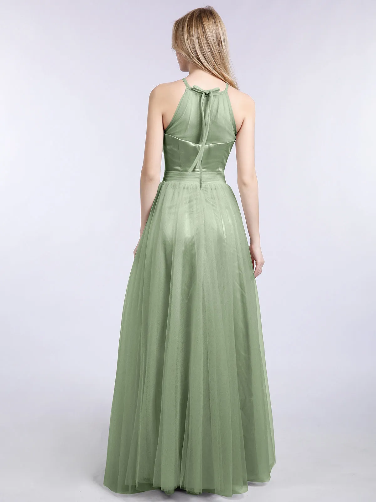 Illusion Neckline Long Tulle Dress-Dusty Sage Plus Size