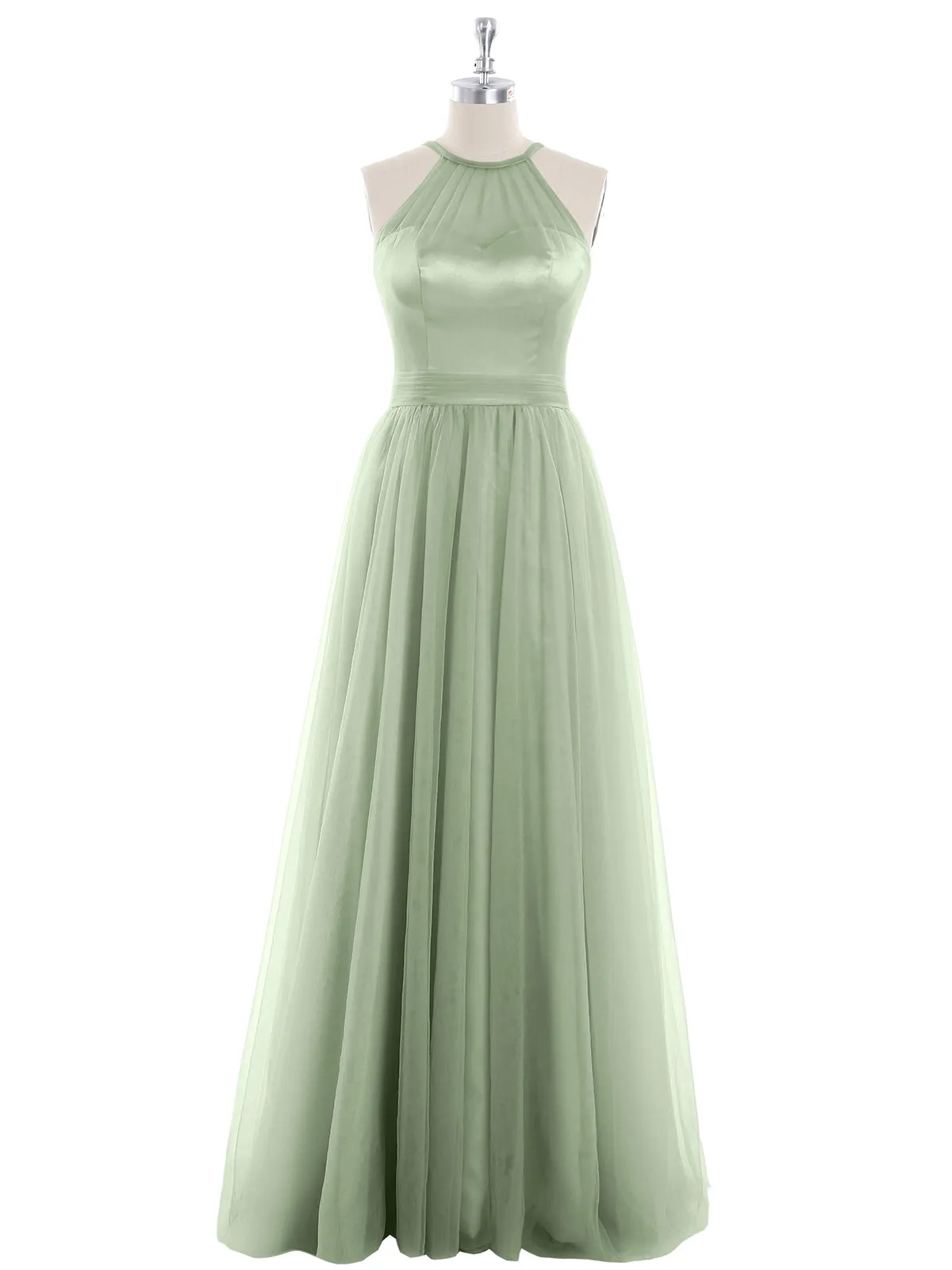 Illusion Neckline Long Tulle Dress-Dusty Sage Plus Size