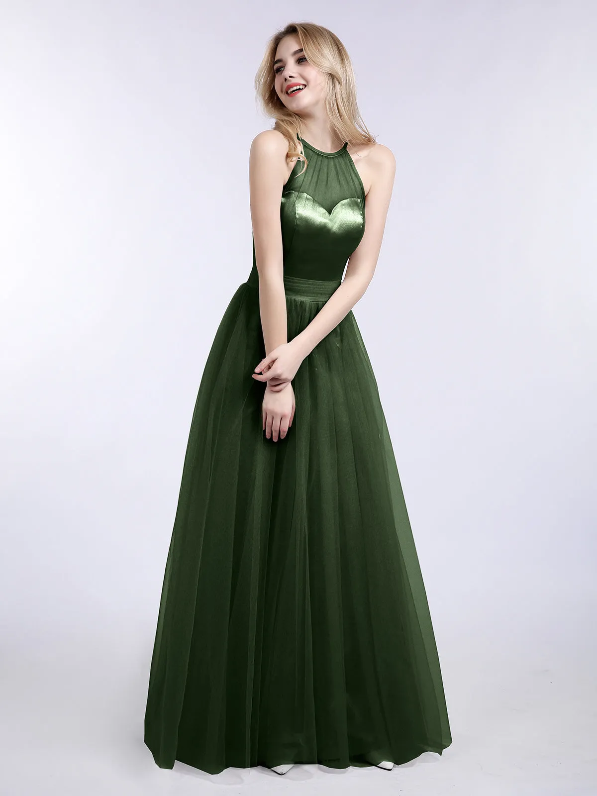 Illusion Neckline Long Tulle Dress-Olive Green