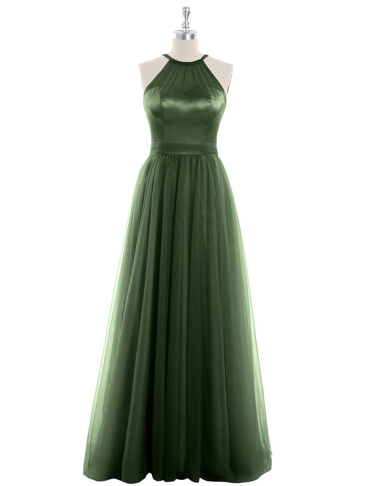 Illusion Neckline Long Tulle Dress-Olive Green