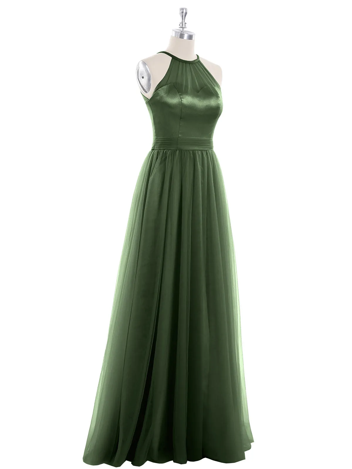 Illusion Neckline Long Tulle Dress-Olive Green