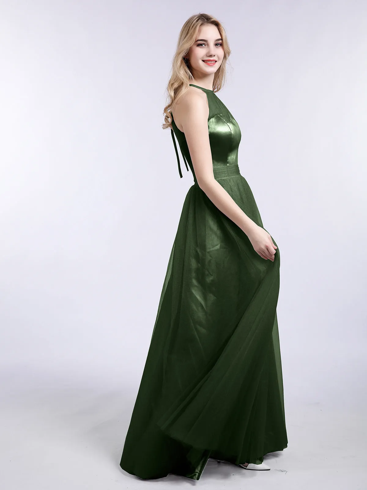 Illusion Neckline Long Tulle Dress-Olive Green