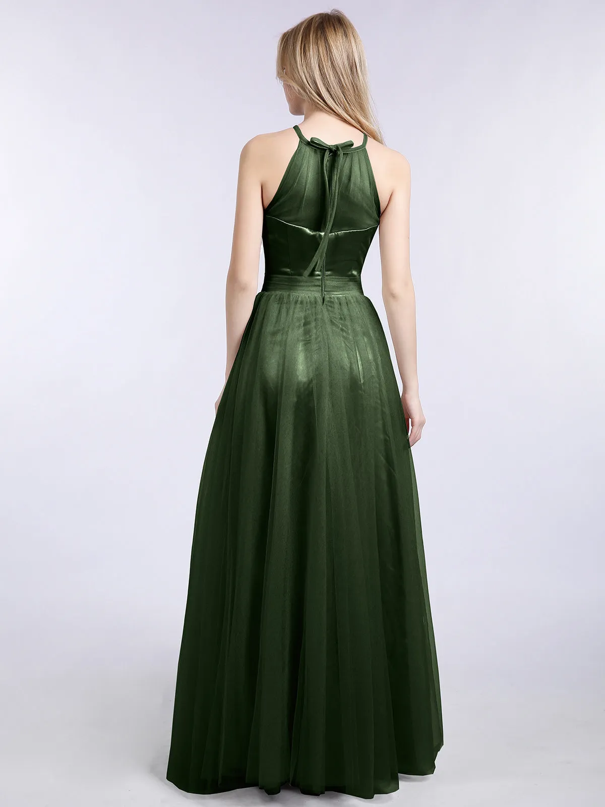 Illusion Neckline Long Tulle Dress-Olive Green