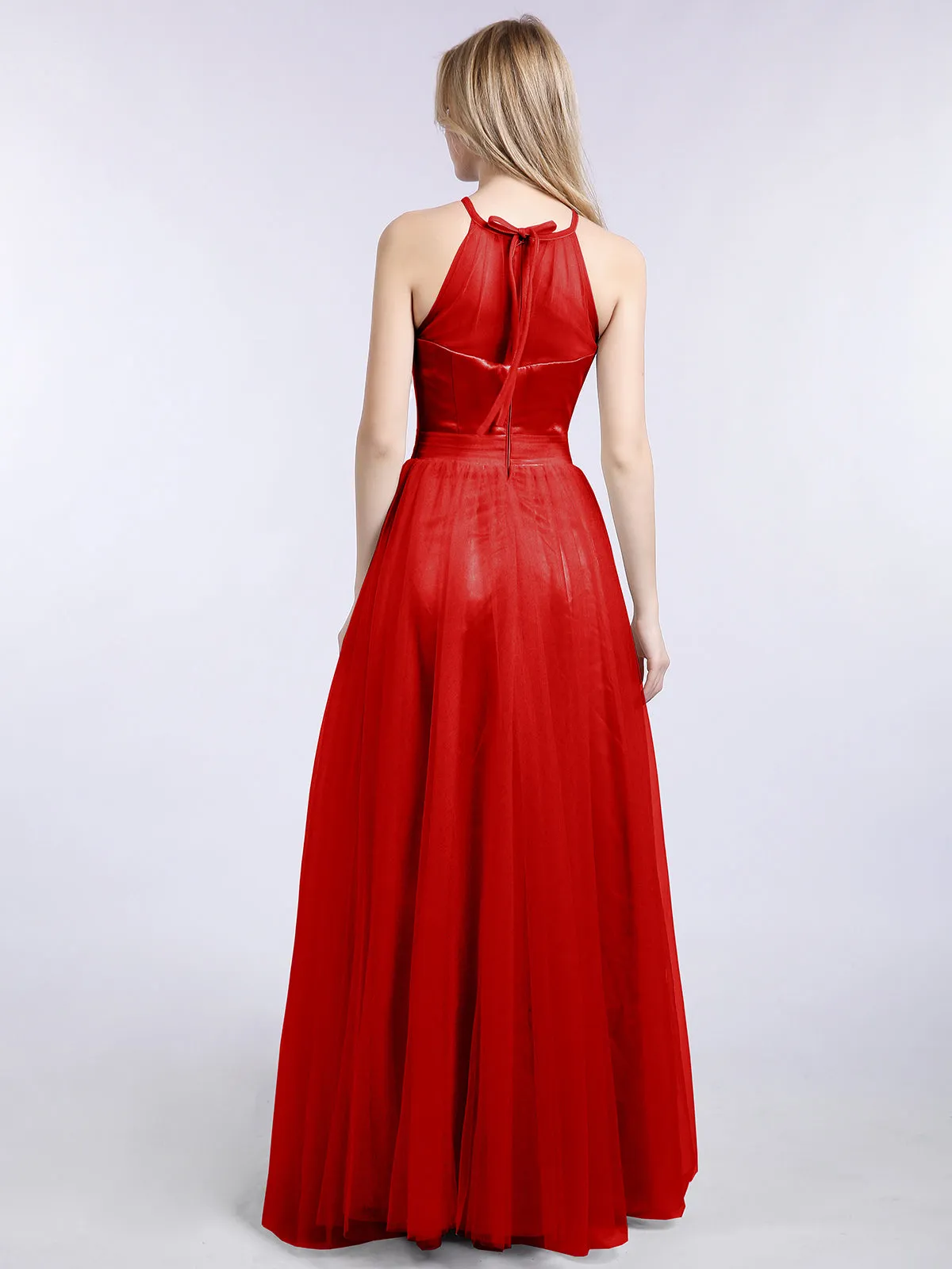 Illusion Neckline Long Tulle Dress-Red Plus Size