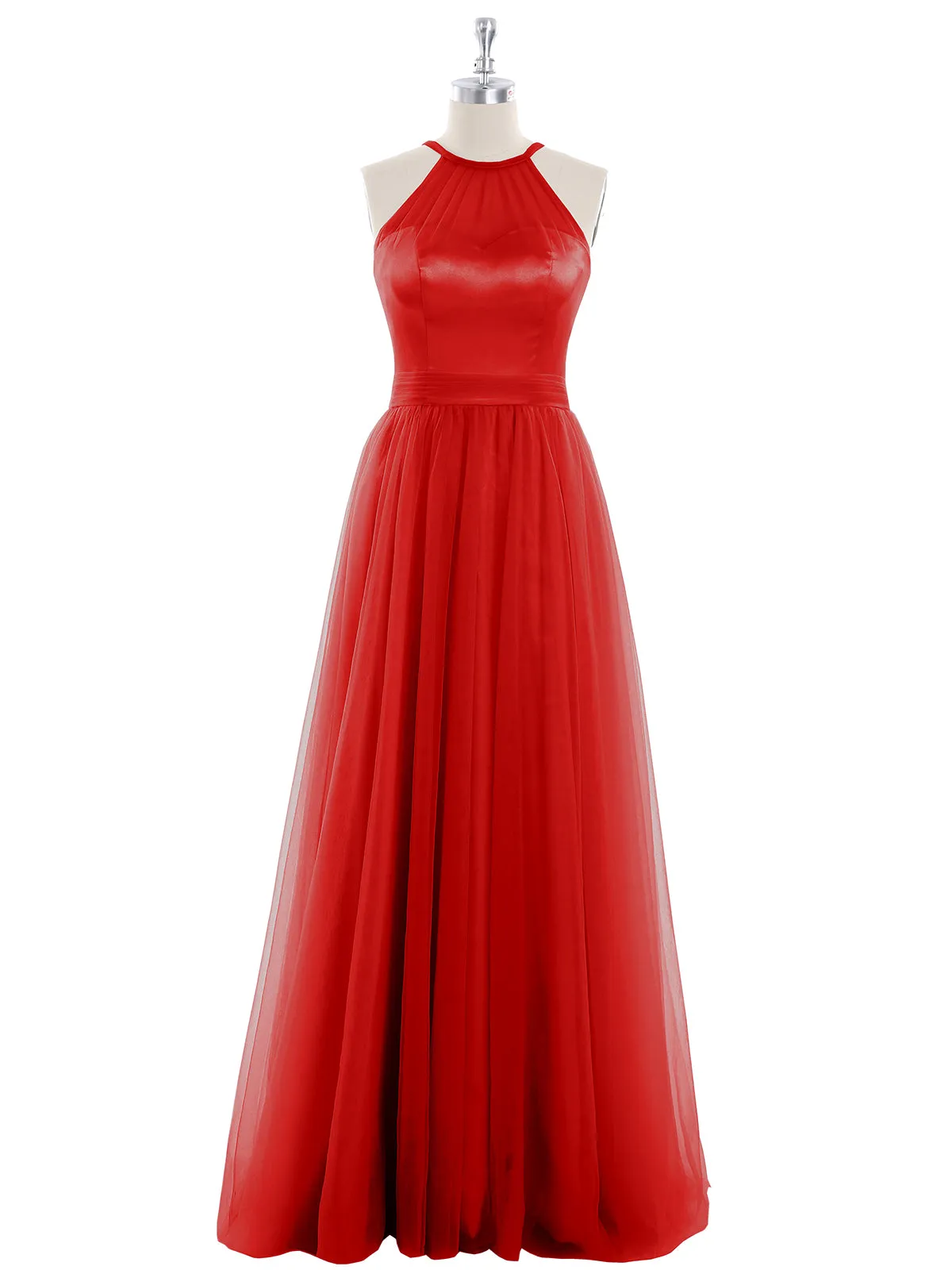 Illusion Neckline Long Tulle Dress-Red Plus Size