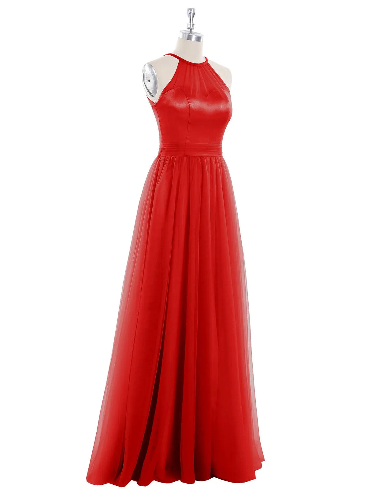 Illusion Neckline Long Tulle Dress-Red Plus Size