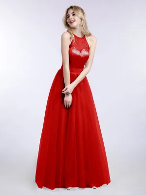 Illusion Neckline Long Tulle Dress-Red Plus Size