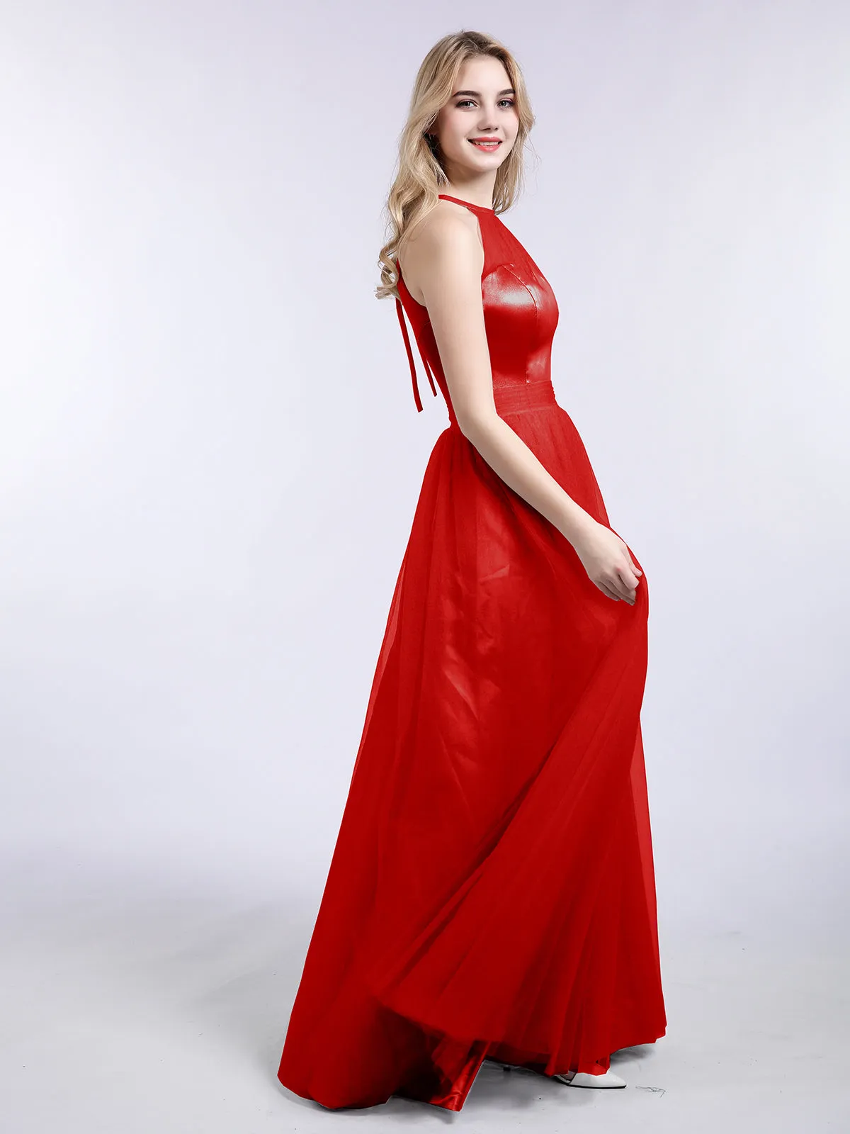 Illusion Neckline Long Tulle Dress-Red Plus Size