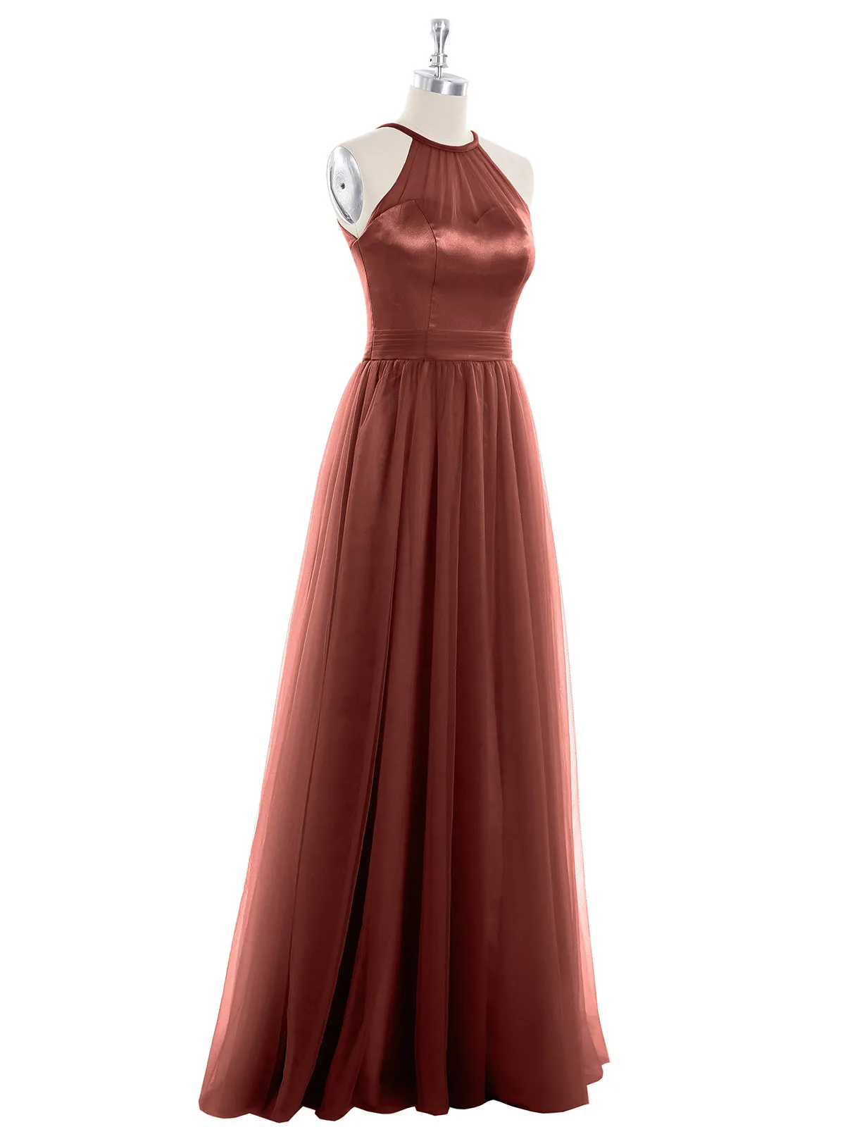 Illusion Neckline Long Tulle Dress-Terracotta Plus Size