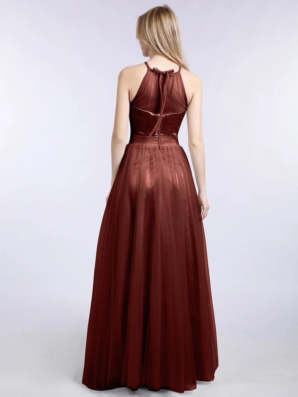 Illusion Neckline Long Tulle Dress-Terracotta Plus Size