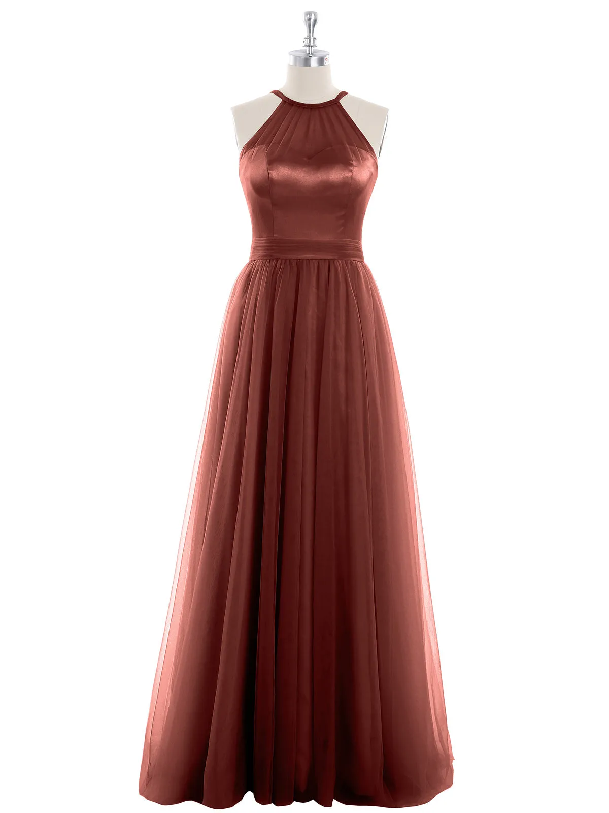 Illusion Neckline Long Tulle Dress-Terracotta Plus Size