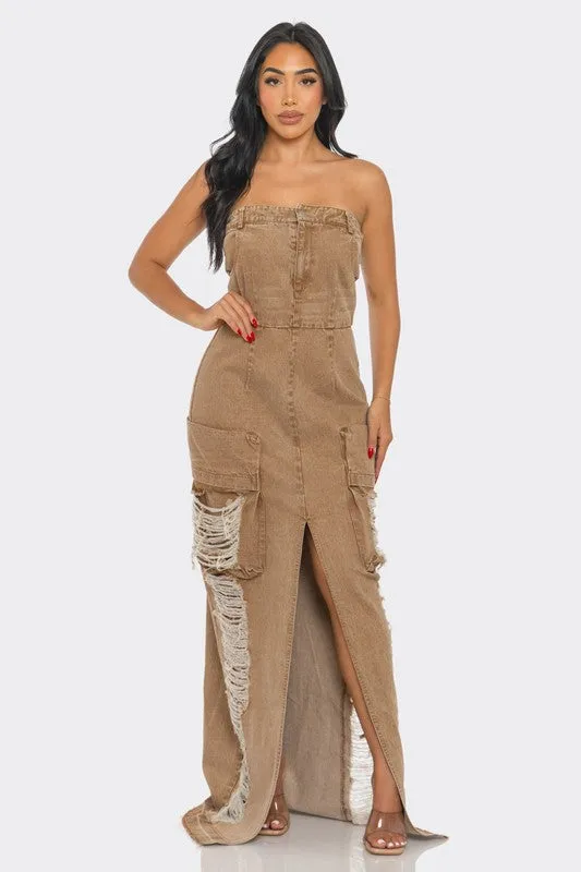 It's a Vibe- Vintage Washed Distressed Cargo Maxi Dress