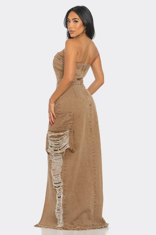 It's a Vibe- Vintage Washed Distressed Cargo Maxi Dress