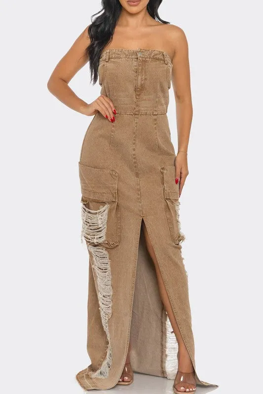 It's a Vibe- Vintage Washed Distressed Cargo Maxi Dress