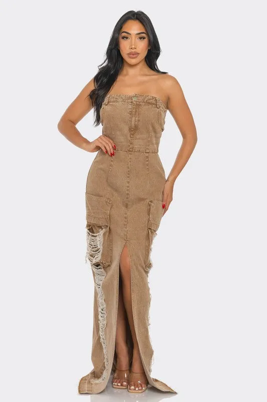 It's a Vibe- Vintage Washed Distressed Cargo Maxi Dress