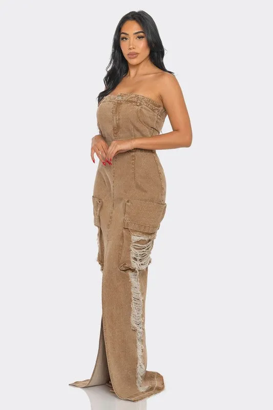 It's a Vibe- Vintage Washed Distressed Cargo Maxi Dress