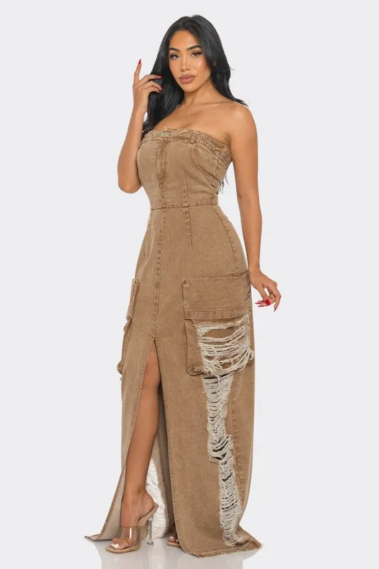 It's a Vibe- Vintage Washed Distressed Cargo Maxi Dress