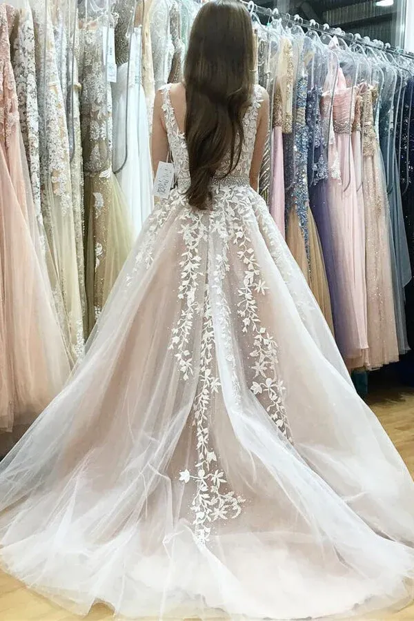 Ivory Tulle Lace A-line V-neck Beaded Wedding Dresses, Prom Dresses