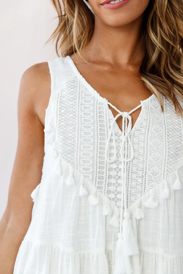 Jada Sleeveless Crochet and Tassel Kaftan Dress White