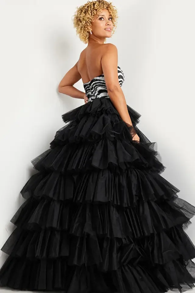 Jovani 38360 Long Prom DressBlack White Sequin Strapless Bodice Ballgown Formal Pageant  Gown