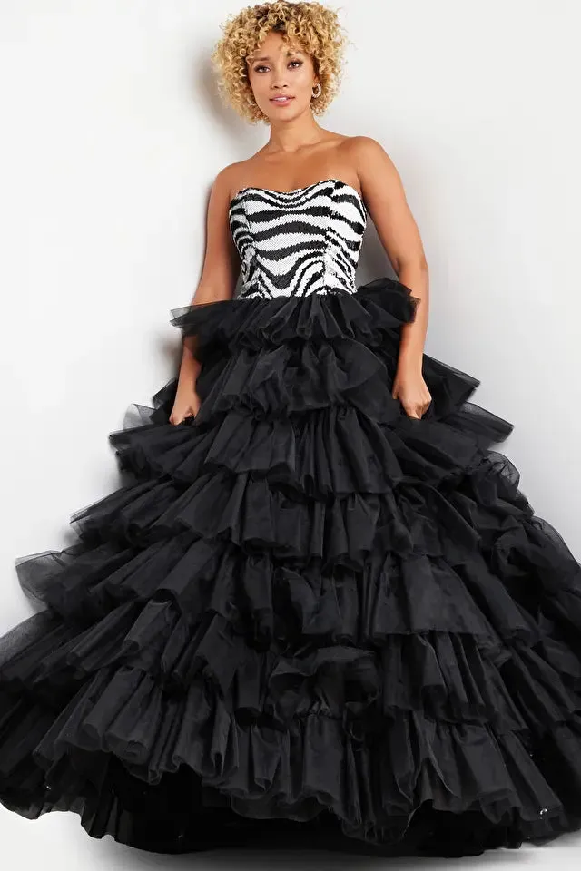 Jovani 38360 Long Prom DressBlack White Sequin Strapless Bodice Ballgown Formal Pageant  Gown