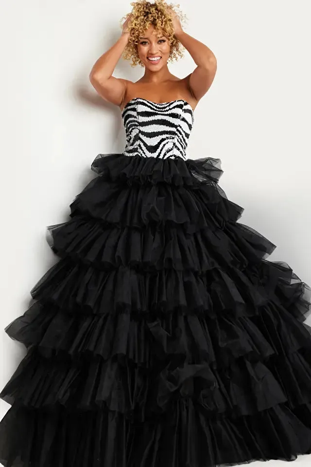 Jovani 38360 Long Prom DressBlack White Sequin Strapless Bodice Ballgown Formal Pageant  Gown