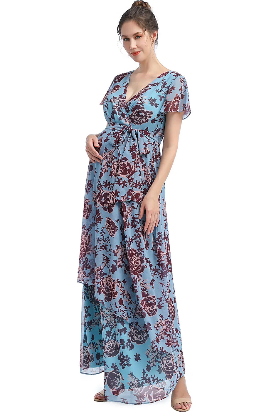 Kimi   Kai Maternity "Elisa" Faux Wrap Chiffon Maxi Dress